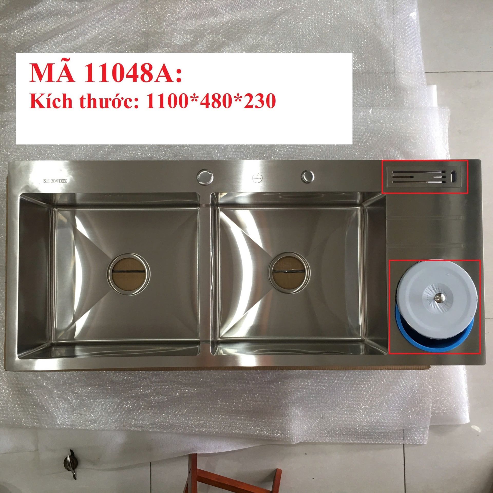 Chậu chén 2 hố, hố rác cài dao 110x48A