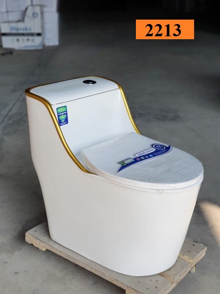 Bồn cầu 1 khối trắng viền vàng 2213