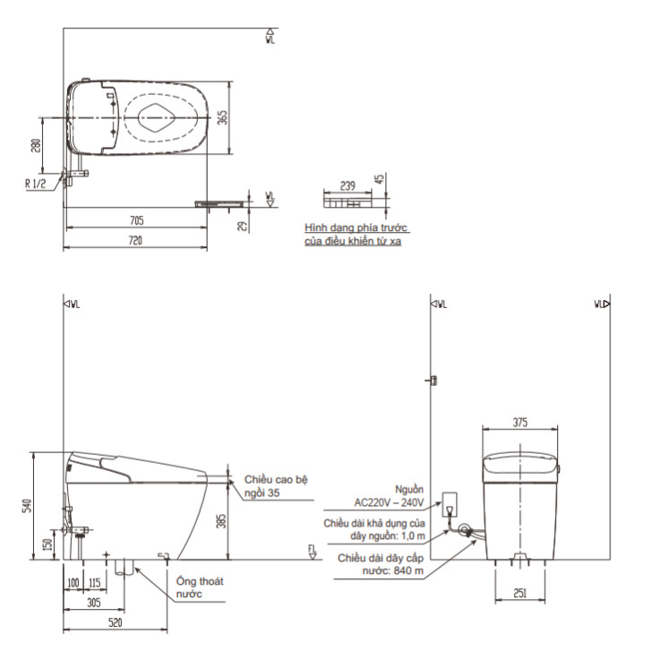 Bồn Cầu INAX AC-G216VN (ACG216VN) Điện Tử Thông Minh Màu Đen