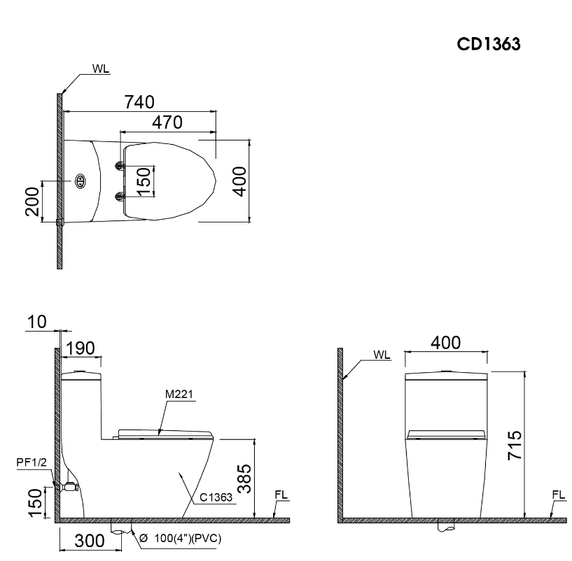 Bồn Cầu Caesar 1 Khối CD1363