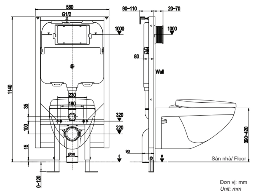 Tính năng bồn cầu 1 khối INAX AC-919VRN Bồn cầu một khối xả hai cửa Công nghệ xả 2 cửa ECO-X Tiết kiệm nước với hai nút ấn xả 5.0L3.5L (Đạitiểu) Hệ thống xả xi-phông Nắp đóng êm Sản phẩm có màu trắng Công nghệ men sứ chống bám bẩn Aqua Ceramic Đặc điểm kĩ thuật bàn cầu INAX AC-919VRN Kích thước 778 x 400 x 654 (mm) Sử dụng 2 mức nước xả 5.0L3.5L Áp lực nước cấp 0.07÷0.75MPa Ống cấp nước Փ21 (G 12) Đường kính ống thải chờ Ø110 class1