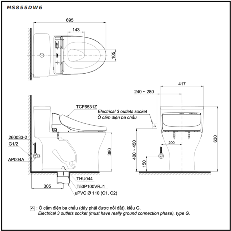 Bồn Cầu ToTo 1 Khối Nắp Rửa Điện Tử MS855DW6