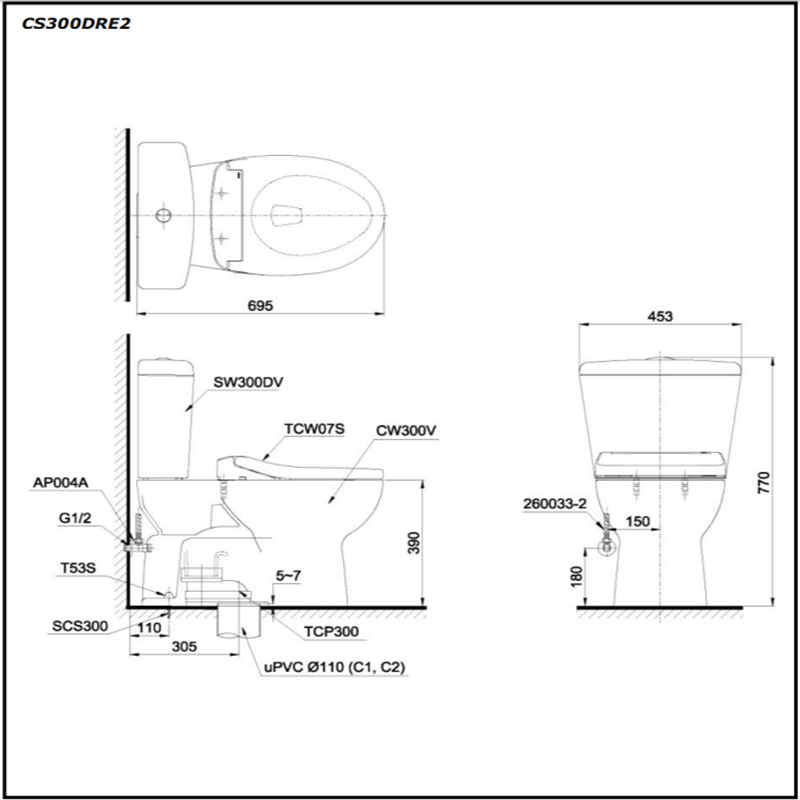 Bồn Cầu ToTo 2 Khối Nắp Rửa Cơ CS300DRE2