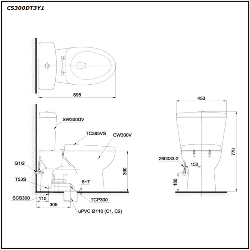 Bồn Cầu ToTo 2 Khối CS300DT3Y1