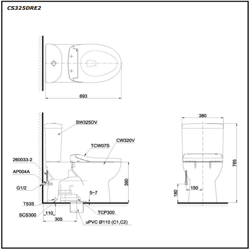 Bồn Cầu ToTo 2 Khối Nắp Rửa Cơ CS325DRE2
