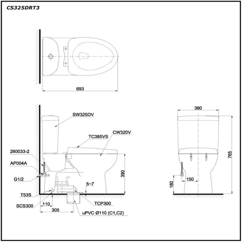 Bồn Cầu TOTO CS326DT3 2 Khối Nắp Êm TC385VS