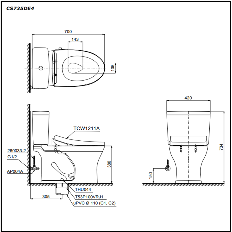 Bồn Cầu ToTo 2 Khối Nắp Rửa Cơ CS735DE4