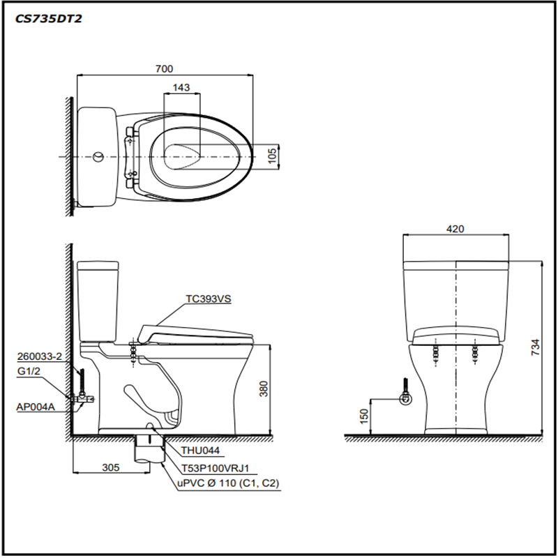 Bồn Cầu ToTo 2 Khối CS735DT2