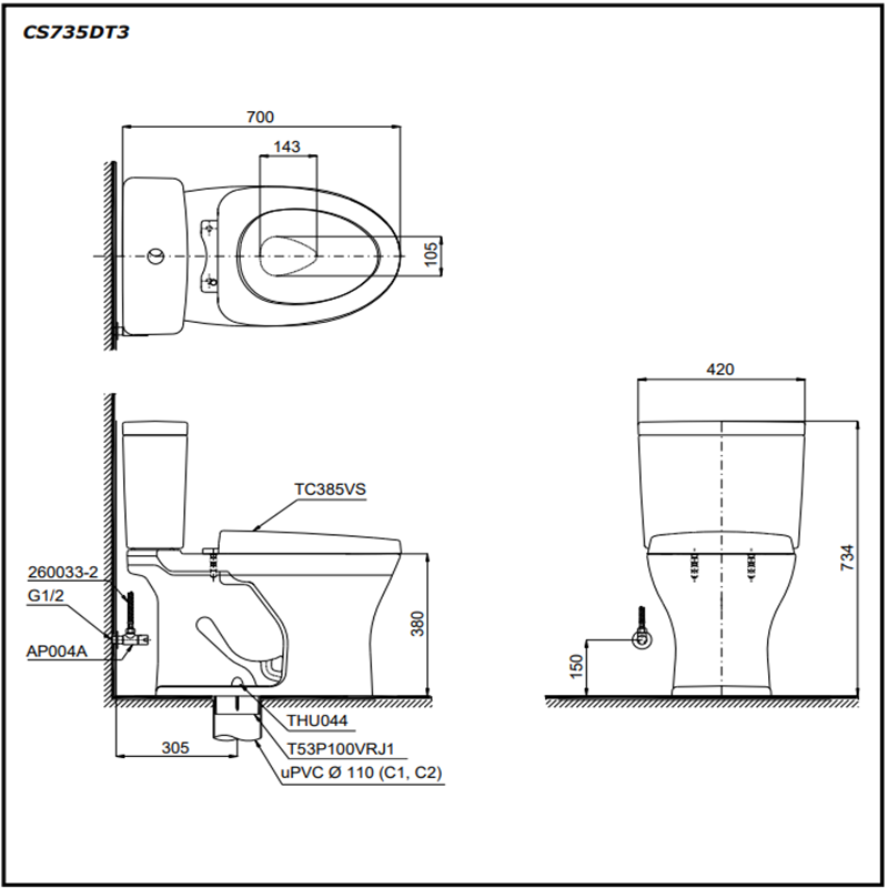 Bồn Cầu ToTo 2 Khối CS735DT3