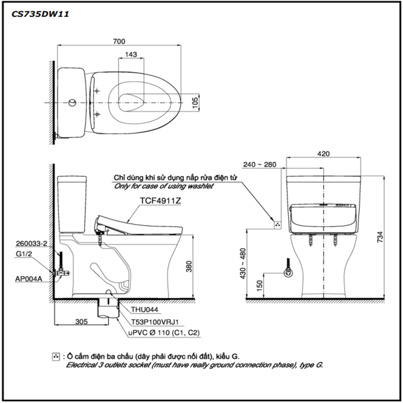 Bồn Cầu ToTo 2 Khối Nắp Rửa Điện Tử CS735DW11