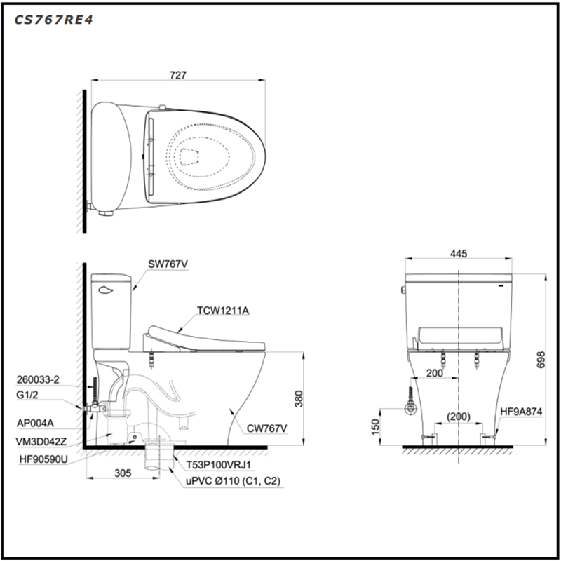 Bồn Cầu ToTo 2 Khối Nắp Rửa Cơ CS986GE4
