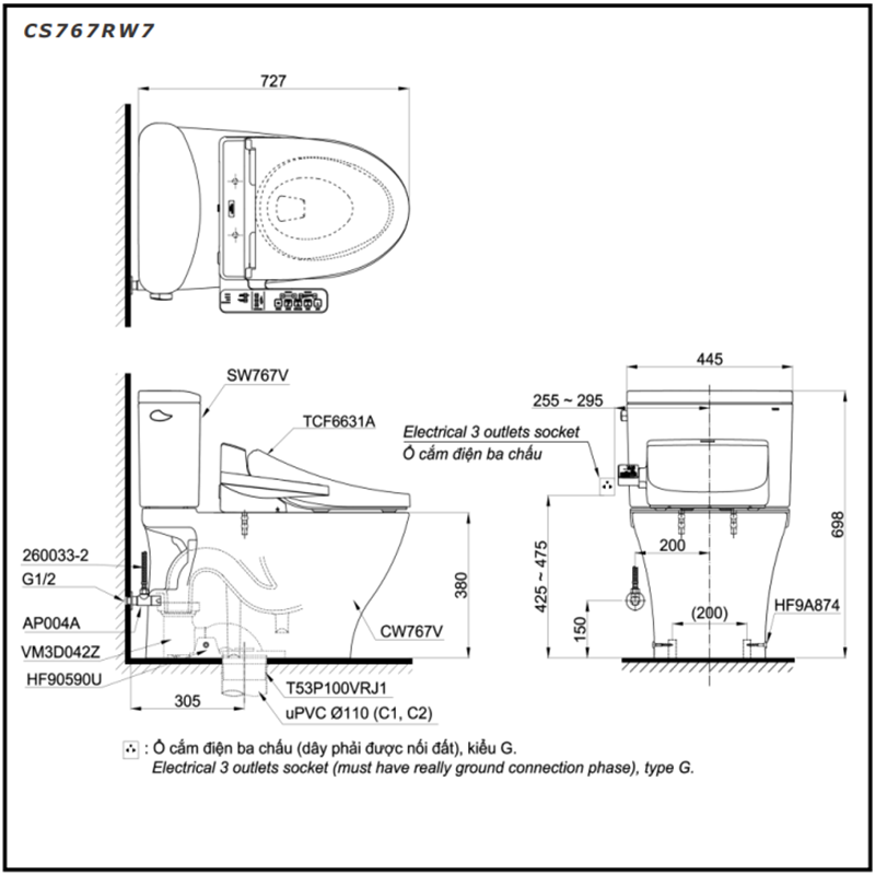 Bồn Cầu ToTo 2 Khối Nắp Rửa Điện Tử CS767W7