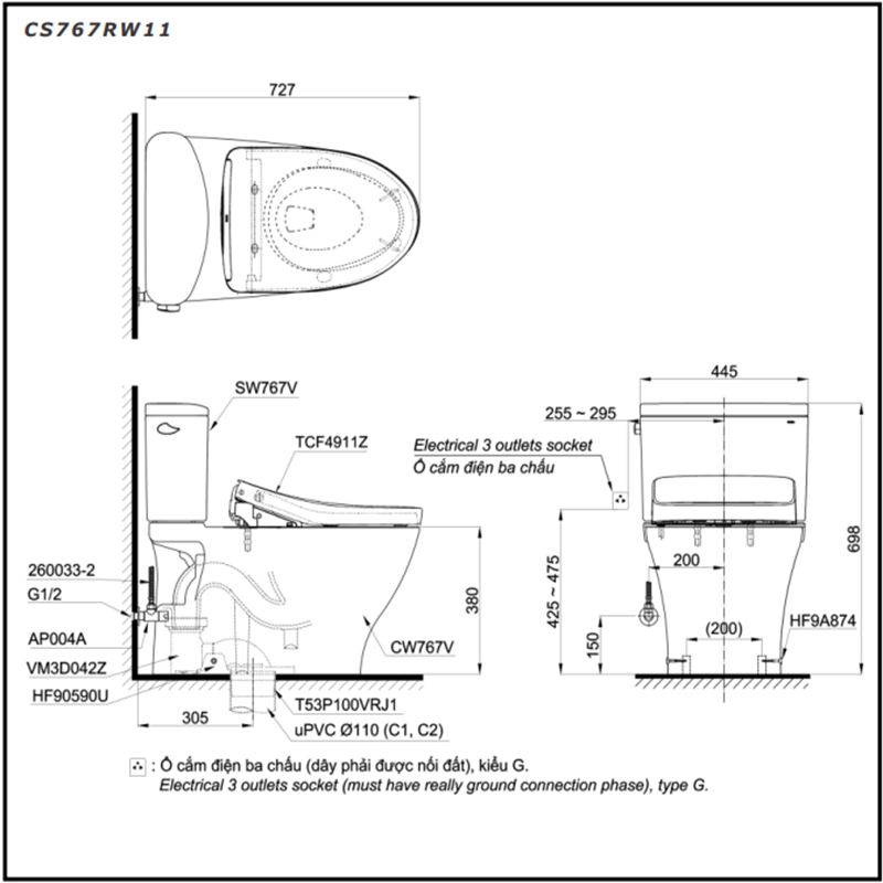 Bồn Cầu ToTo 2 Khối Nắp Rửa Điện Tử CS767W11