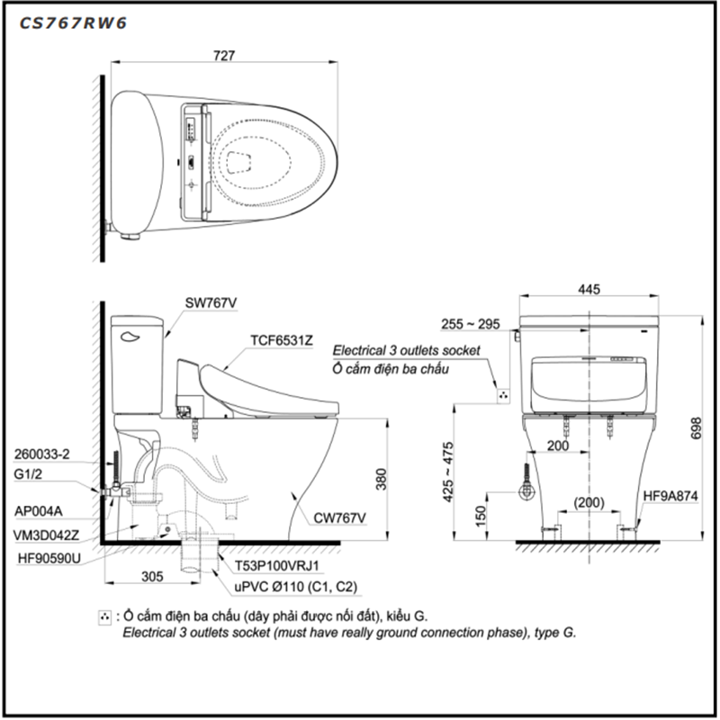Bồn Cầu ToTo 2 Khối Nắp Rửa Điện Tử CS767W6