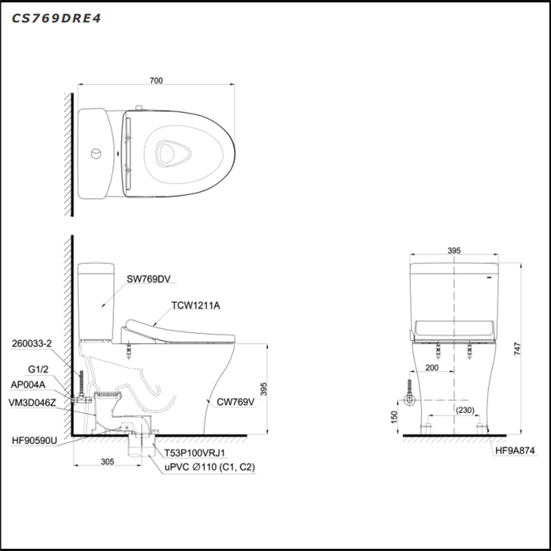 Bồn Cầu ToTo 2 Khối Nắp Rửa Cơ CS769DRE4
