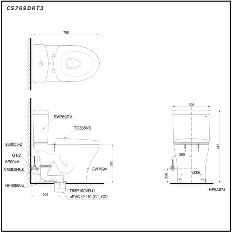 Bồn Cầu 2 Khối ToTo CS769DRT3