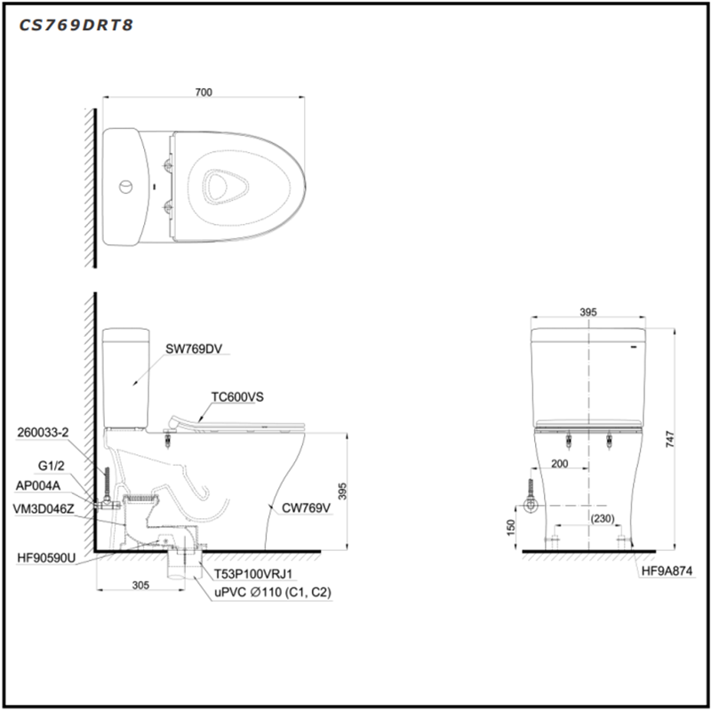 Bồn Cầu ToTo 2 Khối CS769DRT8