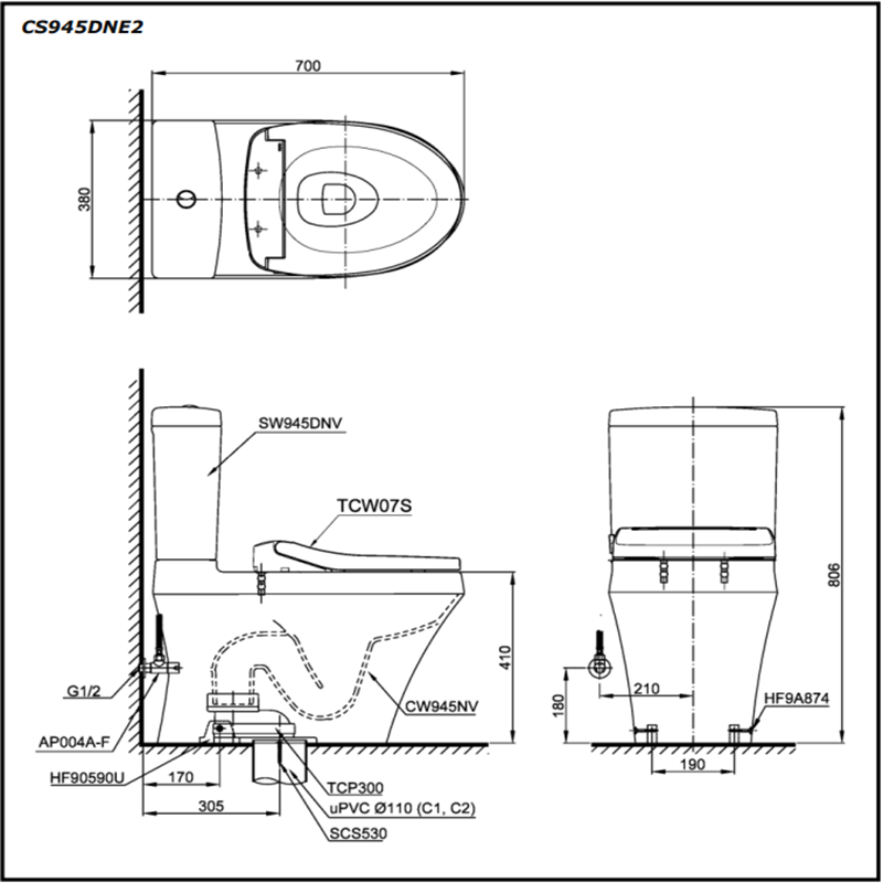 Bồn Cầu ToTo 2 Khối Nắp Rửa Cơ CS945DNE2