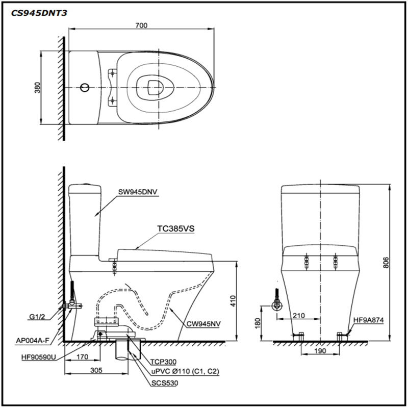 Bồn Cầu ToTo 2 Khối CS945DNT3