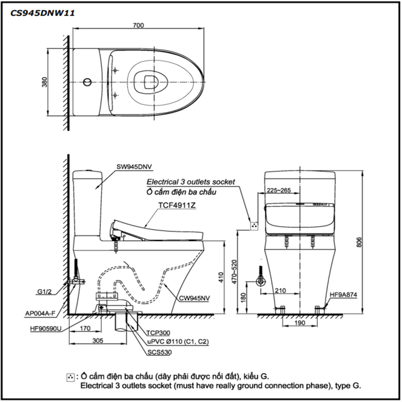 Bồn Cầu ToTo 2 Khối Nắp Rửa Điện Tử CS945DNW11