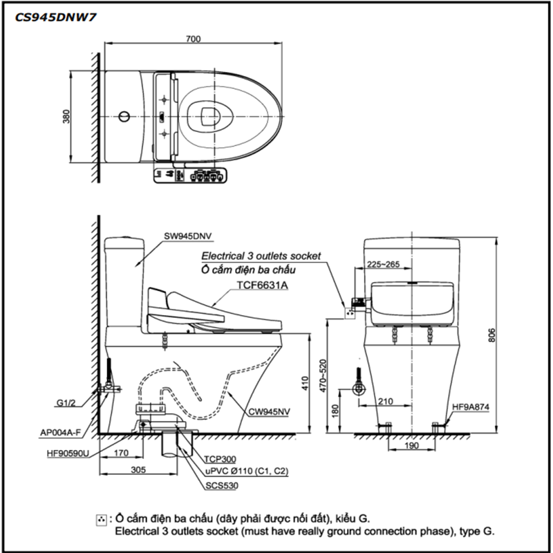 Bồn Cầu ToTo 2 Khối Nắp Rửa Điện Tử CS945DNW7