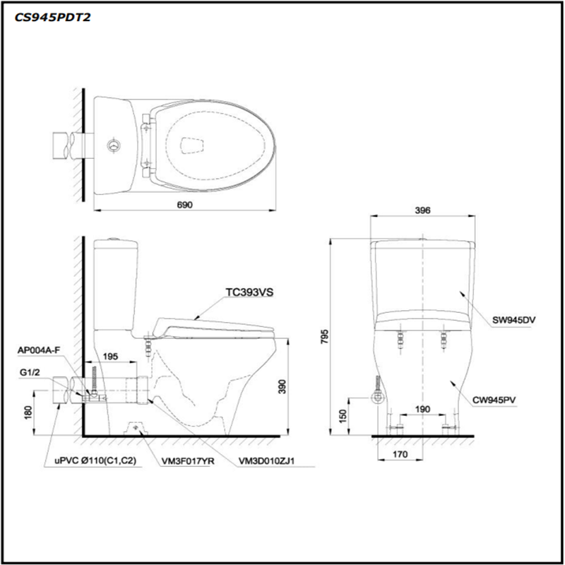 Bồn Cầu ToTo 2 Khối CS945PDT2