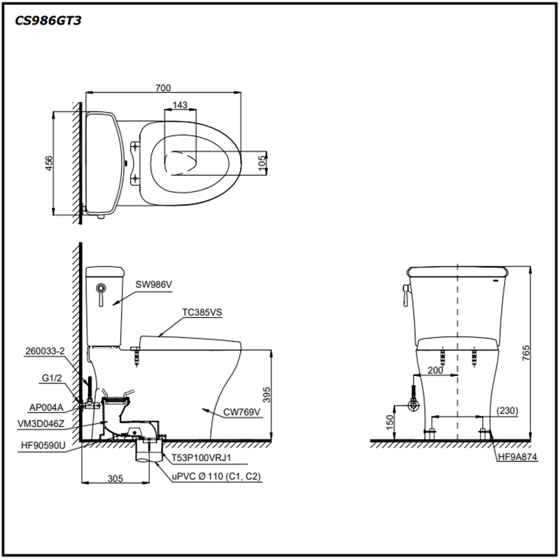 Bồn Cầu ToTo 2 Khối CS986GT3