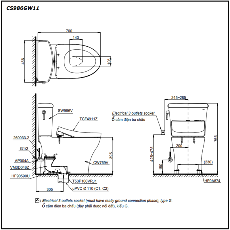 Bồn Cầu ToTo 2 Khối Nắp Rửa Điện Tử CS986GW11