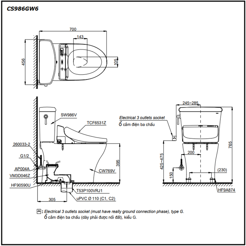 Bồn Cầu ToTo 2 Khối Nắp Rửa Điện Tử CS986GW6