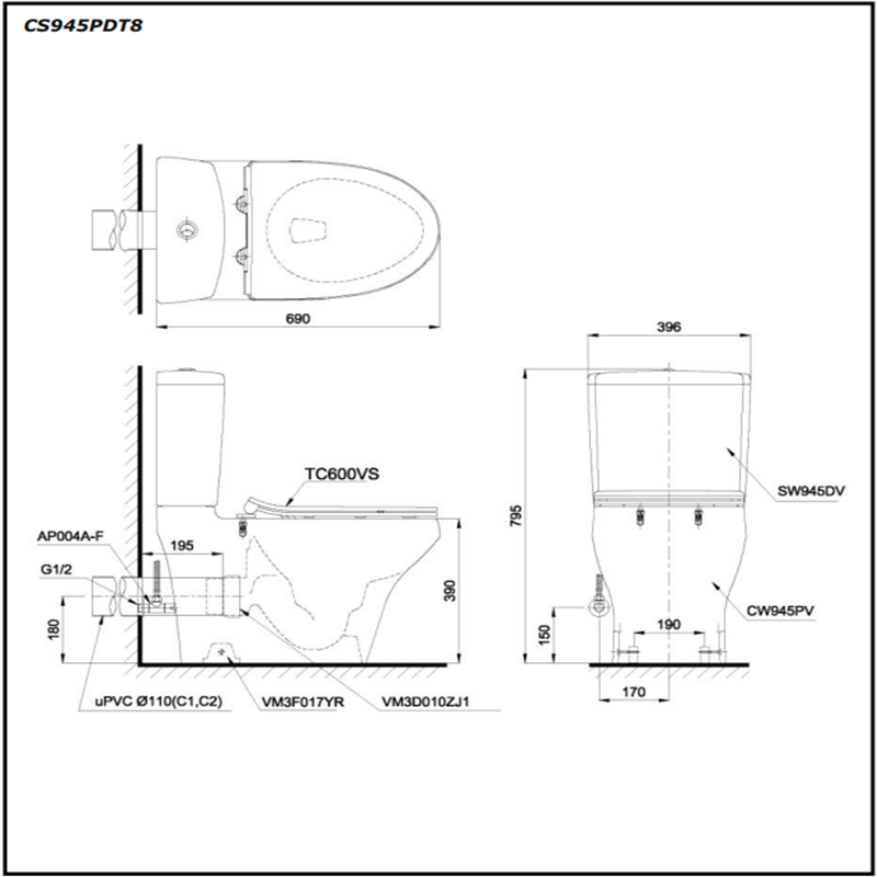 Bồn Cầu ToTo 2 Khối CS945PDT8