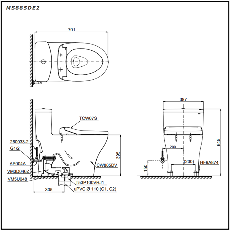 Bồn Cầu ToTo 1 Khối Nắp Rửa Cơ MS885DE2