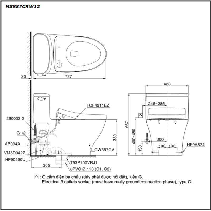 Bồn Cầu ToTo 1 Khối Nắp Rửa Điện Tử MS887CRW12
