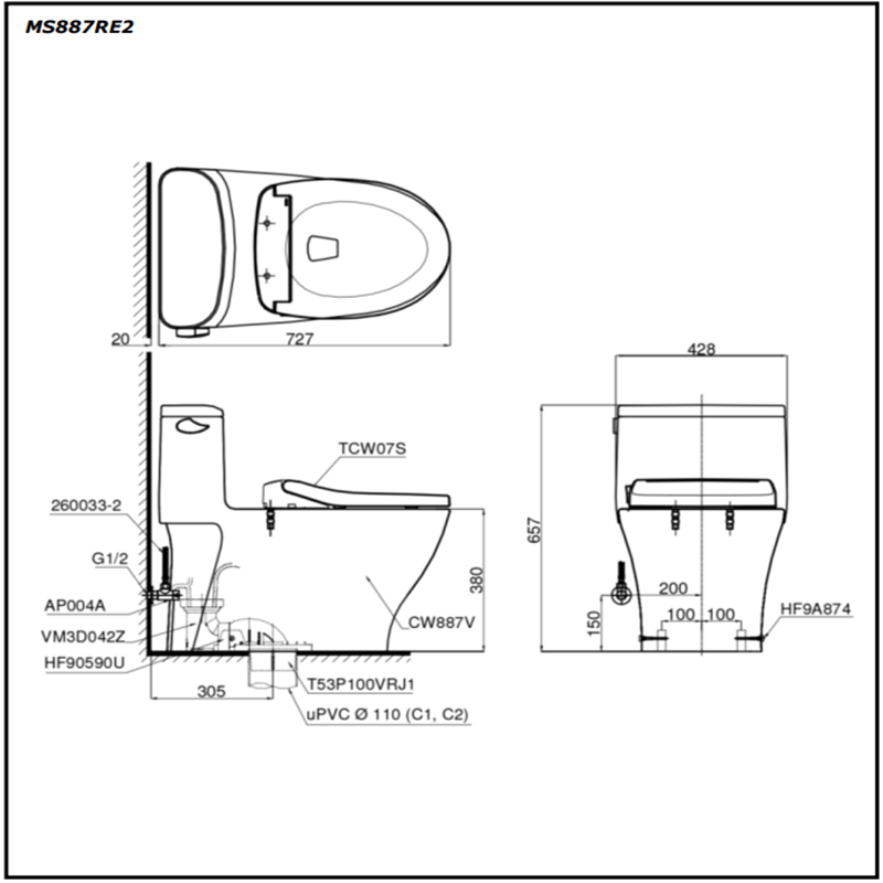 Bồn Cầu ToTo 1 Khối Nắp Rửa Cơ MS887RE2