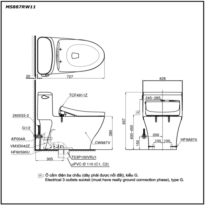 Bồn Cầu ToTo 1 Khối Nắp Rửa Điện Tử MS887RW11