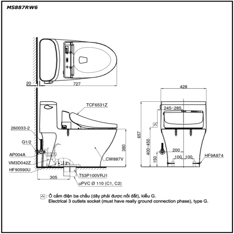 Bồn Cầu ToTo 1 Khối Nắp Rửa Điện Tử MS887RW6