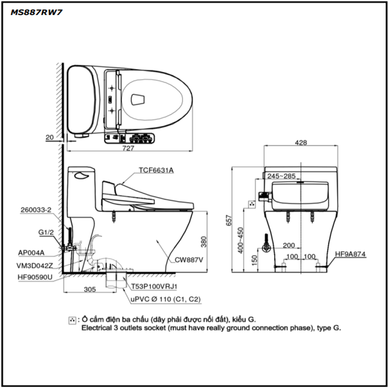 Bồn Cầu ToTo 1 Khối Nắp Rửa Điện Tử MS887RW7