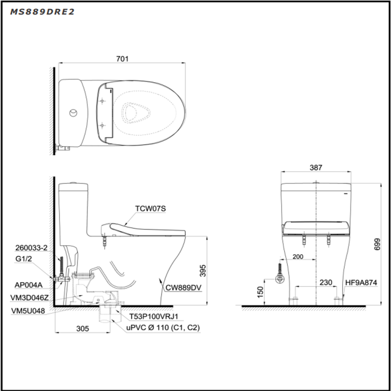 Bồn Cầu ToTo 1 Khối Nắp Rửa Cơ MS889DRE2