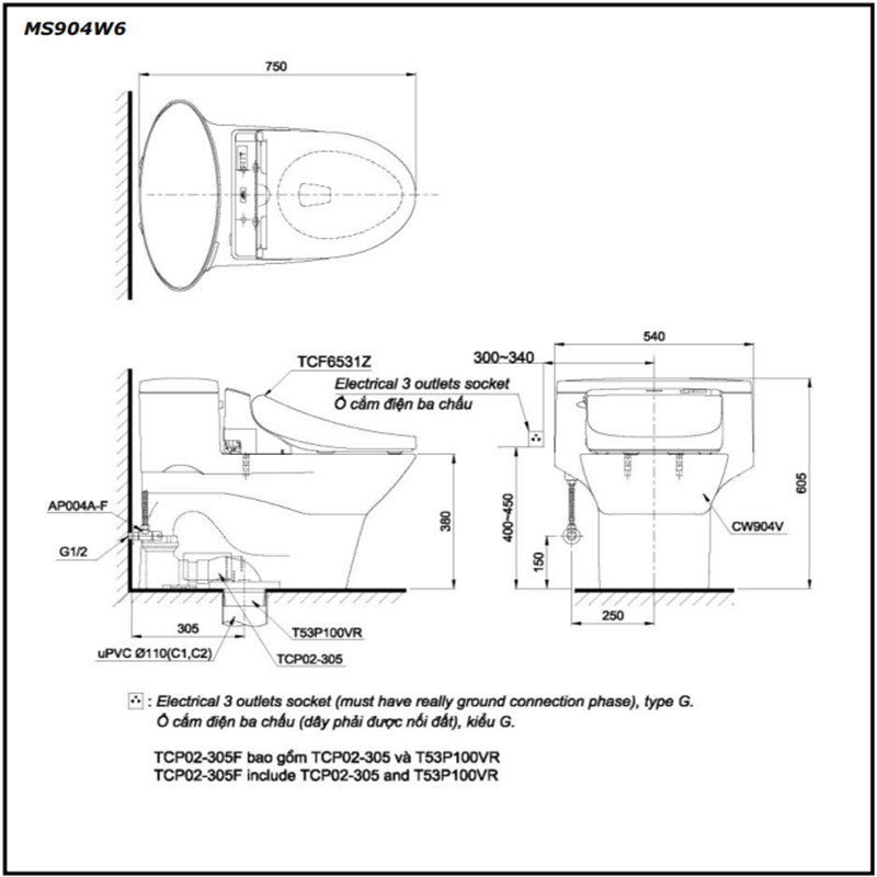 Bồn Cầu ToTo 1 Khối Nắp Rửa Điện Tử MS904W6