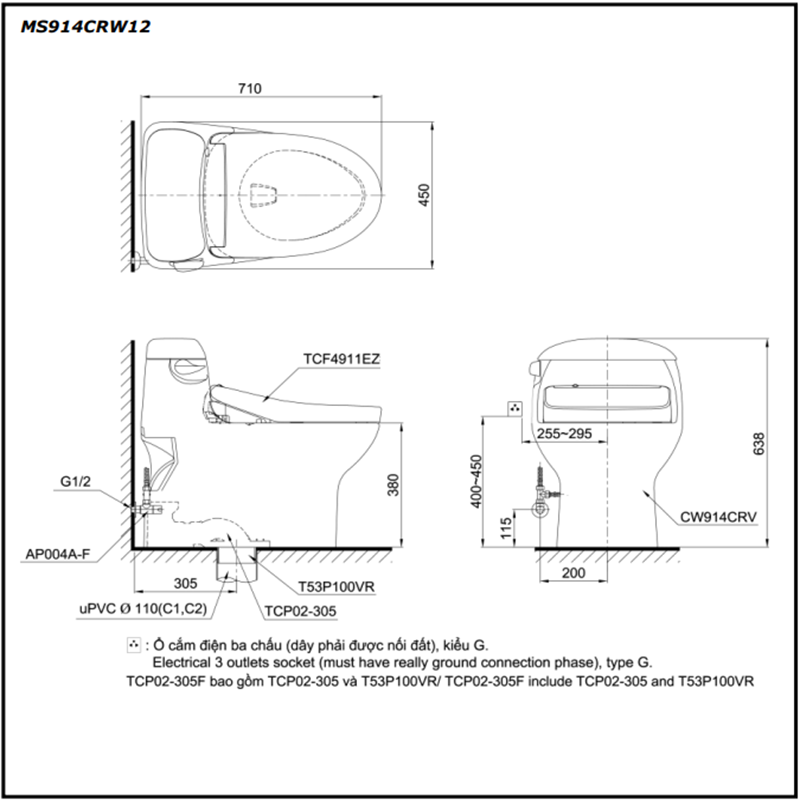 Bồn Cầu ToTo 1 Khối Nắp Rửa Điện Tử MS914CRW12