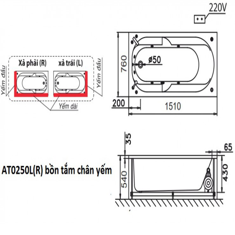 Bồn Tắm Chân Yếm Caesar AT0250L/R
