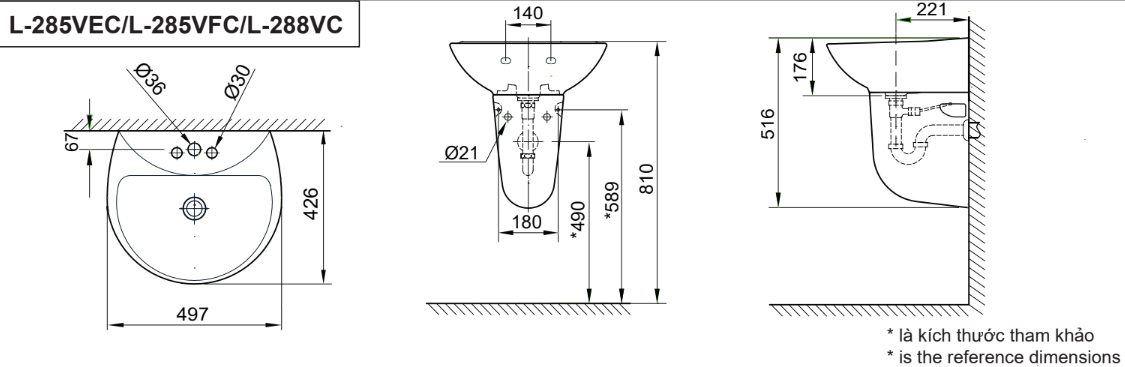 Lavabo INAX L-285V/L-288VC Treo Tường Kèm Chân Treo