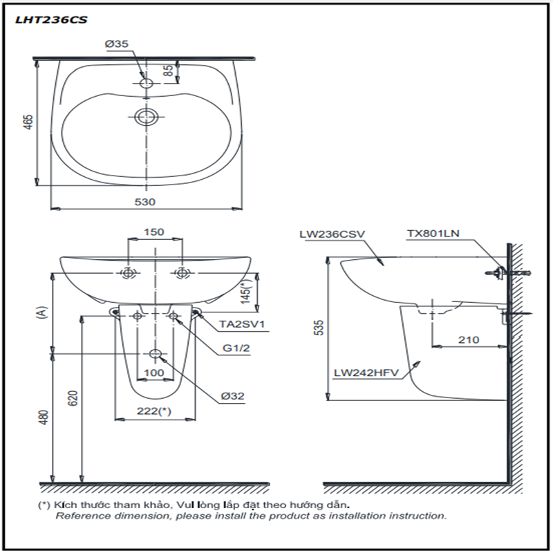 Lavabo Treo Tường Toto LHT236CS Kèm Chân Treo