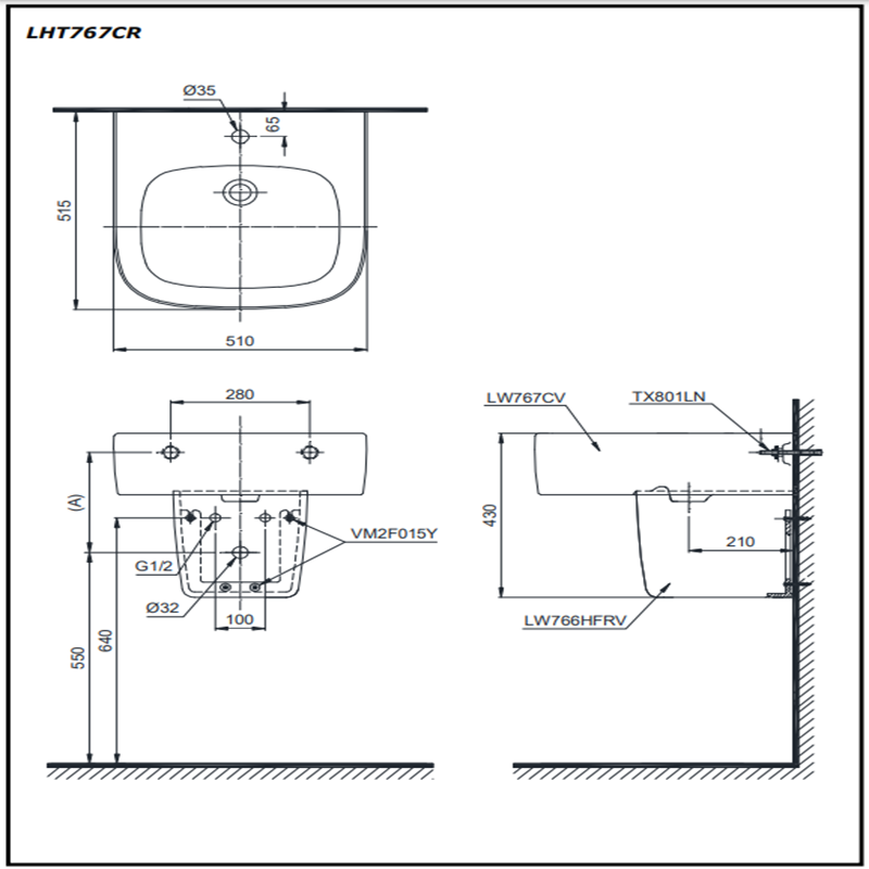 Lavabo Treo Tường Toto LHT767CR Kèm Chân Treo