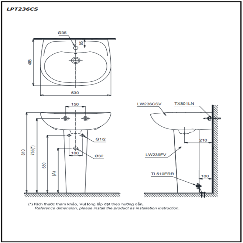 Lavabo Treo Tường Toto LPT236CS Kèm Chân Dài