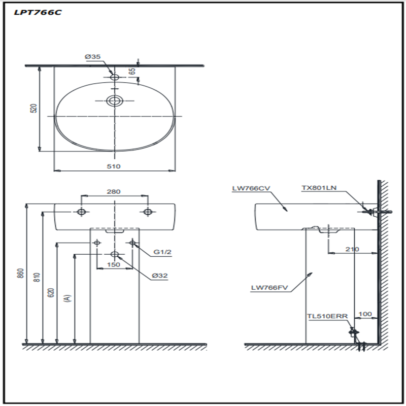 Lavabo Treo Tường Toto LPT766C Kèm Chân Dài