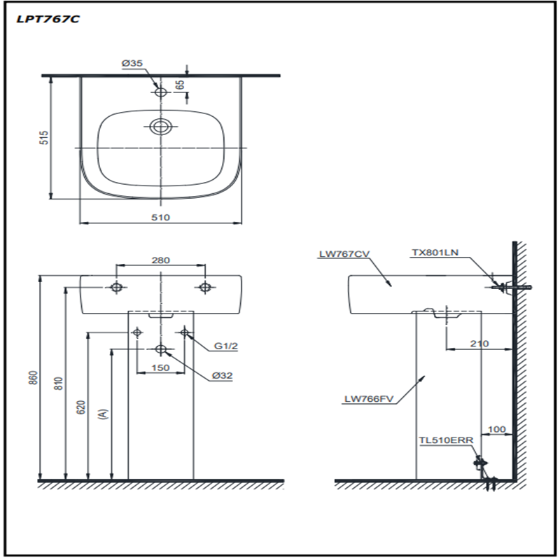 Lavabo Treo Tường Toto LPT767C Kèm Chân Dài