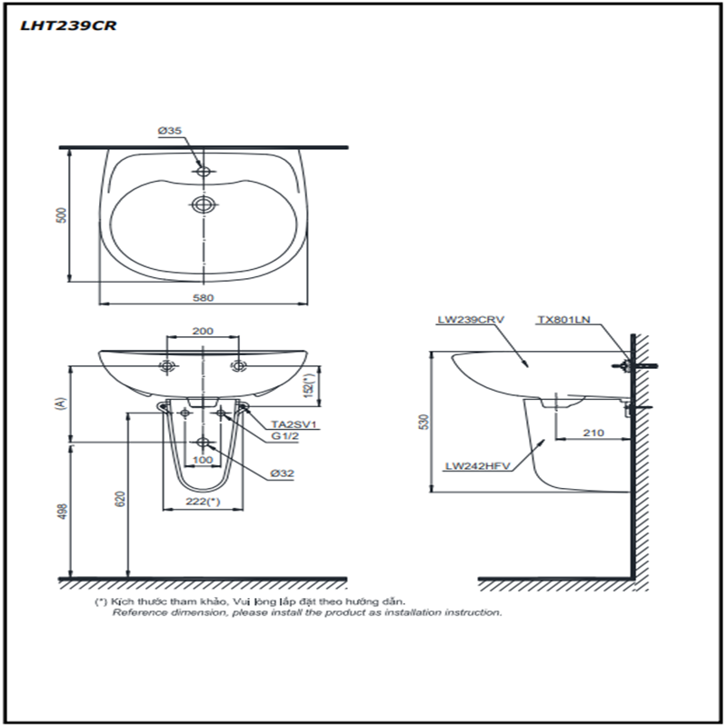 Lavabo Treo Tường Toto LHT239CR Kèm Chân Treo