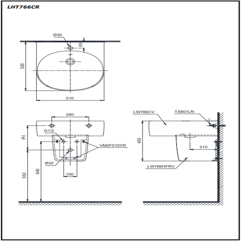 Lavabo Treo Tường Toto LHT766CR Kèm Chân Treo