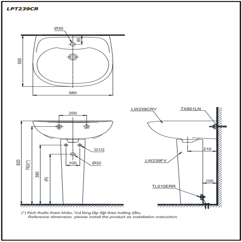 Lavabo Treo Tường Toto LPT239CR Kèm Chân Dài