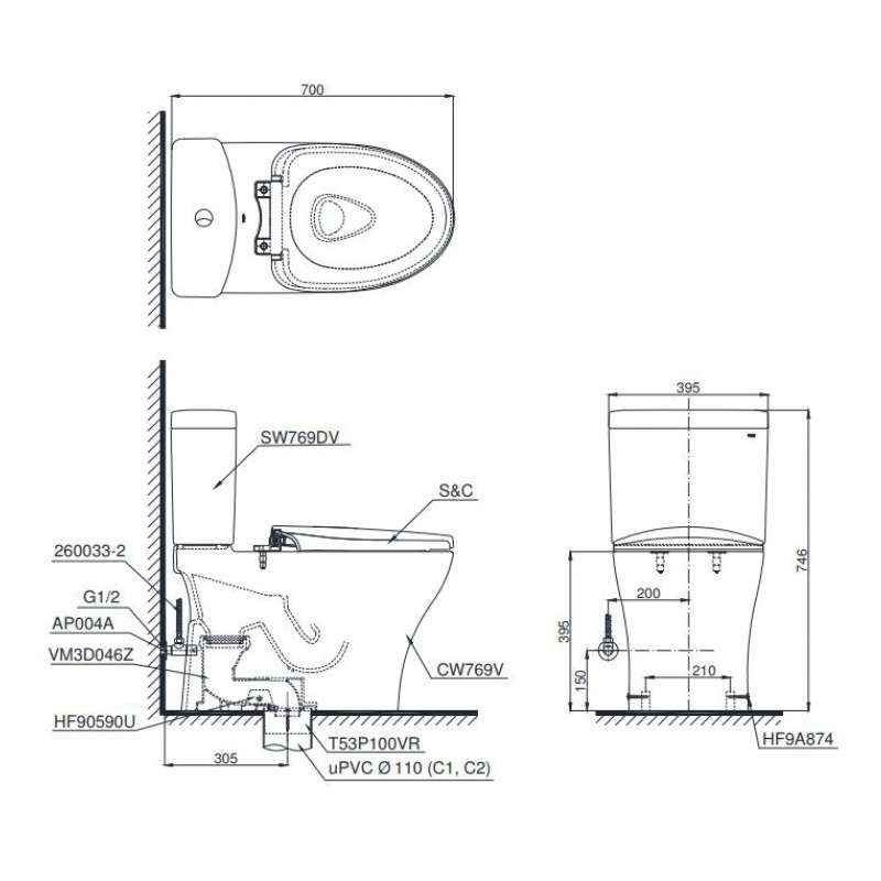 Bồn Cầu ToTo 2 Khối Nắp Rửa Điện Tử CS769DRW11
